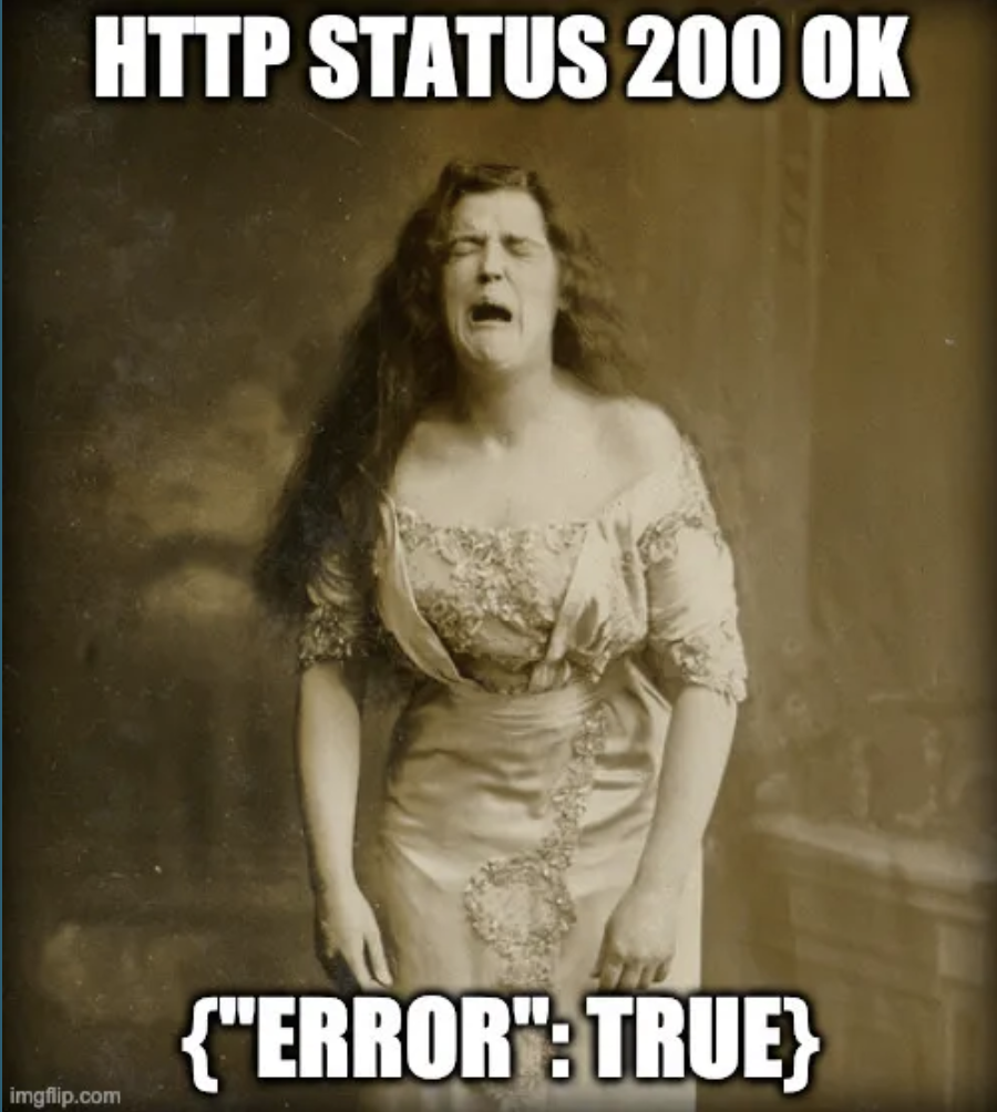 HTTP Status 200: {"ERROR": TRUE}, woman sobbing